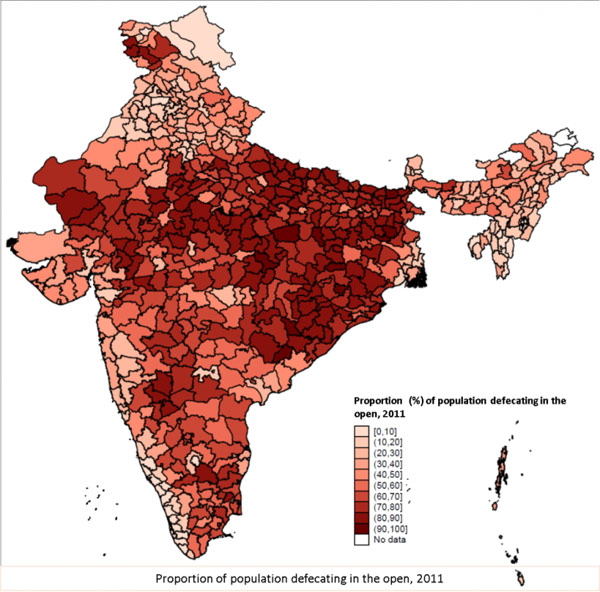 2011年印度各地区露天排便的人口比例